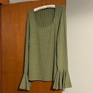 Green Ribbed Long Sleeve Top with Flared Cuffs